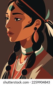 Native american indian woman with feathers in profile, vector flat color illustration art print poster