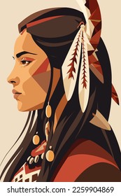 Native american indian woman with feathers in profile, vector flat color illustration art print poster