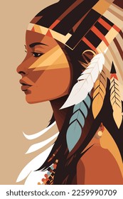 Native american indian woman with feathers in profile, vector flat color illustration art print poster