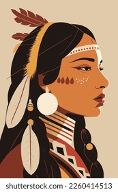 Native american indian woman with feathers in profile, vector flat color illustration art print poster