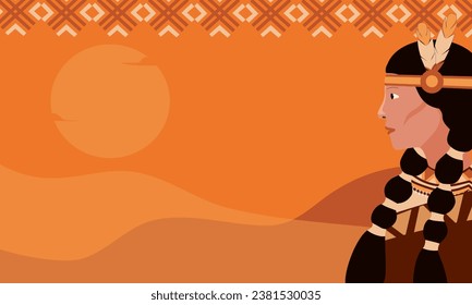 Mujer indígena americana frente a la puesta de sol. Ilustración vectorial. Legado indígena americano