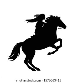 Native American Indian Woman Riding Rearing Up Horse - Black And White Vector Silhouette Design