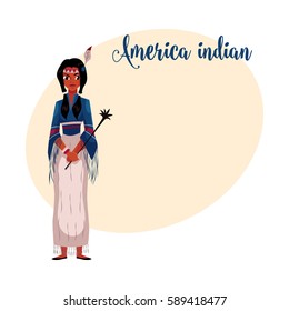 Native American Indian woman in traditional national tribal fringed shirt and long skirt, cartoon vector illustration with place for text. Native American, Indian woman in national clothes