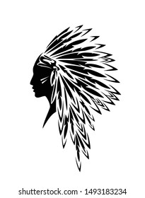 native american indian woman wearing traditional tribal feathered headdress - black and white vector profile head portrait