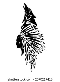 native american indian woman wearing traditional tribal chief feathered headdress black and white vector portrait with howling wolf spirit outline