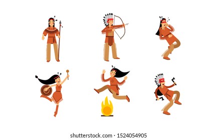 Native American Indians Characters Set Cartoon Vector Illustration