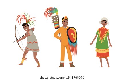 Native American Indians Characters in Traditional Clothes Set Cartoon Vector Illustration