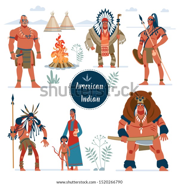 アメリカ先住民 激しい戦士のキャラクター 伝統衣装を着たインド人 アメリカ先住民の家族 女の子 シャーマン おじぎをした男の子 フラットなカラフルなベクターイラスト 漫画スタイル のベクター画像素材 ロイヤリティフリー
