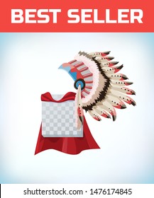 Native American Indians Headdress. Tribal Chief Feather Hat. Masquerade costume headdress. Carnival or Halloween mask. Cartoon Vector illustration. Red cape