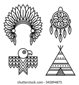 Native American Indians Icons Set Linear Style. Tribal symbols isolated on white for design logo or ethnic prints and other