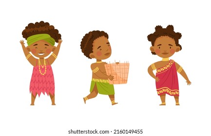 Native American indians set. Cute kids native americans in traditional clothes cartoon vector illustration