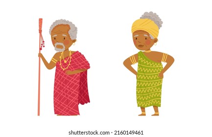 Native American Indians Set. Elderly Native Americans In Traditional Clothes Cartoon Vector Illustration