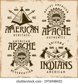 Native american indians set of four vector emblems, labels, badges or logos in vintage style on dirty background with grunge textures