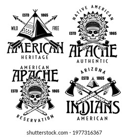 Native american indians set of four vector vintage emblems, labels, badges or logos in monochrome style isolated on white background