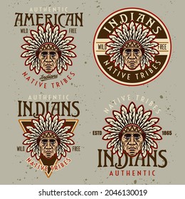 Native american indians set of four vector vintage emblems, labels, badges or logos with chief head in colorfil cartoon style on light background with removable grunge textures