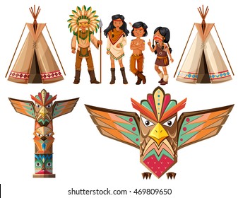 Native american indians and tepee illustration