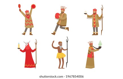 Native American Indians in Traditional Clothes, Shaman Charaters Performing Religious Ceremonies Cartoon Vector Illustration
