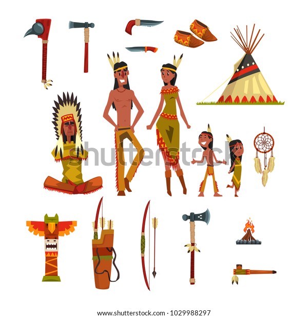 アメリカ先住民のインディアンや伝統衣装セット 武器 文化シンボルのベクターイラスト のベクター画像素材 ロイヤリティフリー 1029988297
