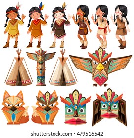 Native american indians and traditional craft set illustration