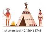 Native American Indians in Traditional Ethnic Clothes with Feathers in Their Head standing Near Tipi or wigwam. American Indians couple in traditional national costumes