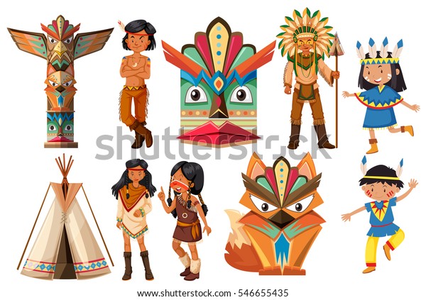 アメリカ先住民のインディアンと伝統的なアイテムのイラスト のベクター画像素材 ロイヤリティフリー 546655435