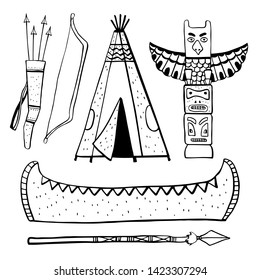 Native American indians traditional objects. Wigwam, totem pole, canoe. Vector hand drawn outline sketch illustration set black on white background