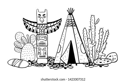 Native American indians  traditional settlement. Tipi, totem pole and cactuses. Vector hand drawn outline doodle sketch illustration black on white background