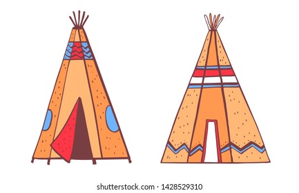 Native American indians traditional tipies. Two color wigwams. Vector hand drawn outline doodle sketch illustration on white background