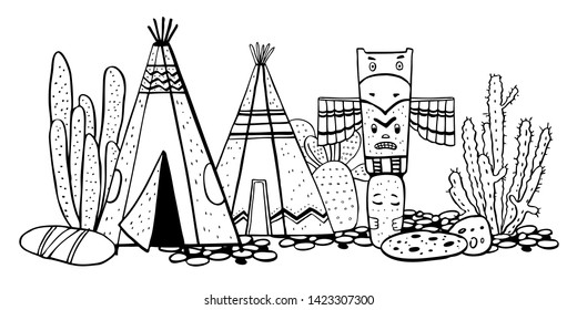 Native American indians traditional village. Two wigwams, totem pole and cactuses. Vector hand drawn outline doodle sketch illustration black on white background