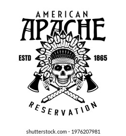Native american indians vector vintage emblem, label, badge or logo with skull and crossed tomahawks in monochrome style isolated on white background