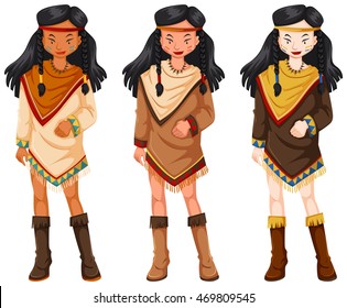 Native american indians women in traditional costumes illustration