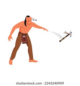 Hombres indígenas nativos estadounidenses lanzando tomahawk 3d ilustración vectorial isométrica