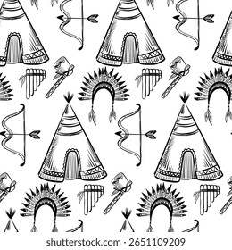 Native American inspired vector pattern featuring tents, bows, arrows, and feathered headdresses in a monochrome design