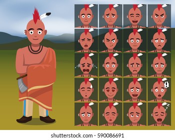 Native American Kansa Warrior Cartoon Emotion faces Vector Illustration