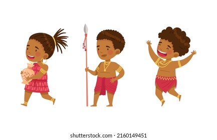 Native American kids set. Native indians people in traditional clothes cartoon vector illustration