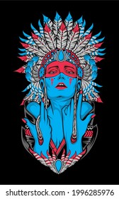 native american lady in blue and pink collor