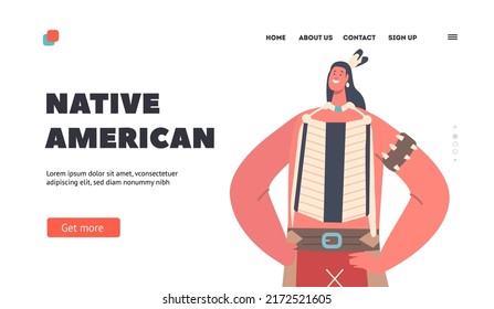 Native American Landing Page Template. Indian Indigenous Man with Arms Akimbo, Male Character, Aboriginal Person in Tribal Costume and Headwear with Feathers. Cartoon People Vector Illustration