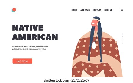 Native American Landing Page Template. Indigenous Indian Female Character with Pigtails. Person in Tribal Dress, Girl Wear Carnival Costume, Nomad Festival. Cartoon People Vector Illustration