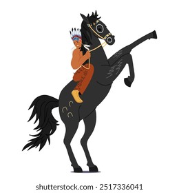 Native American Male Character On Horse Wearing Traditional Attire And Feathered Headdress Symbolizing Culture And Heritage Isolated on White Background. Cartoon People Vector Illustration