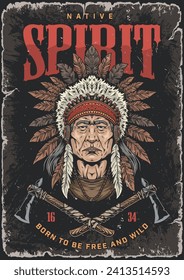 Native American man colorful vintage poster with portrait of tribal leader and two crossed axes and number 1634 vector illustration