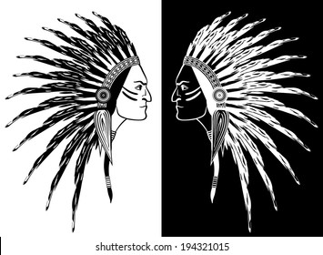 Native American man face in profile. feathers on head, graphic design. Inversion, black and white, negative