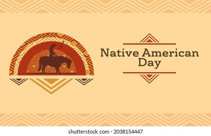 Native American Man with Horse design and a traditional pattern in classic retro, vintage poster style. Template for background, banner, card, poster with text inscription. Vector EPS10 illustration