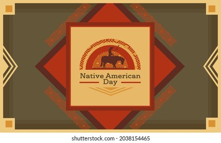 Native American Man with Horse design and a traditional pattern in classic retro, vintage poster style. Template for background, banner, card, poster with text inscription. Vector EPS10 illustration