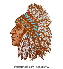 Native american man in national headdress. Dakhota old man portrait. Hand drawn line art tattoo sketch. Stock vector illustration