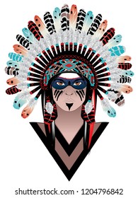 Native american man wearing war bonnet, tribal portrait design.