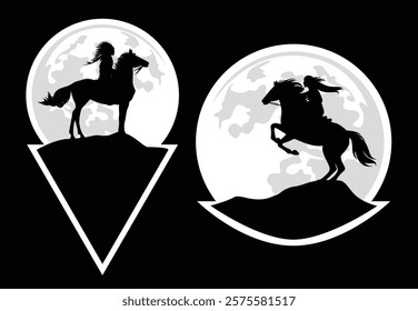 native american man and woman riding rearing up horse against full moon - spirit freedom symbol black and white vector silhouette sticker design set