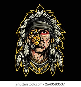 Native American mans_portrait half tiger face wearing a feathered headdress on black