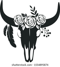 Native american or mexican bull skull with feathers on horns Vector Illustration Skulls of animals ,Black Bull skull on white backdrop.Boho style. It can be used as t-shirt print, picture and other