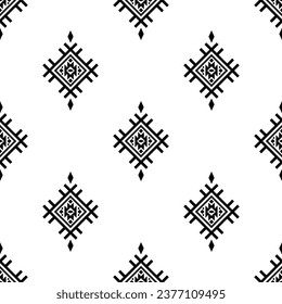 Native American and Mexican tribal vector illustration. Seamless ethnic repeat pattern with Aztec style. Design for fabric, textile, clothing, carpet, ikat, batik, embroidery. Black and white colors.