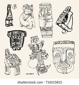 Native American musical instruments collection. Maya, Aztec, Inca cultures, Tribal art. Vector set of sketchy icons isolated on white